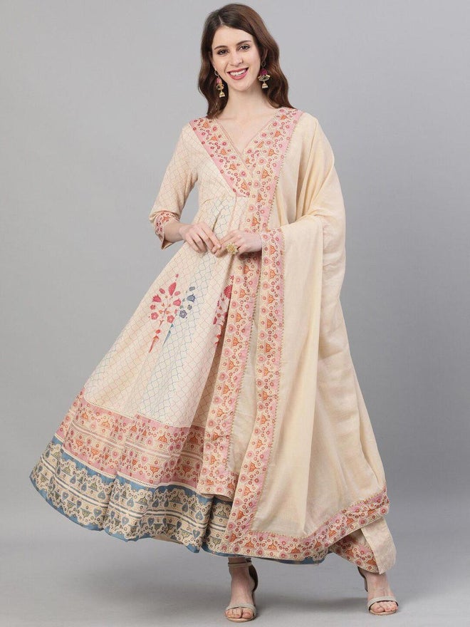 ISHIN Women Beige Printed Kurta with Anarkali Dupatta Set - Image 3